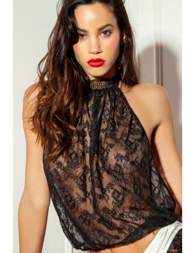 Black lace top tied in the back and collar Smoking