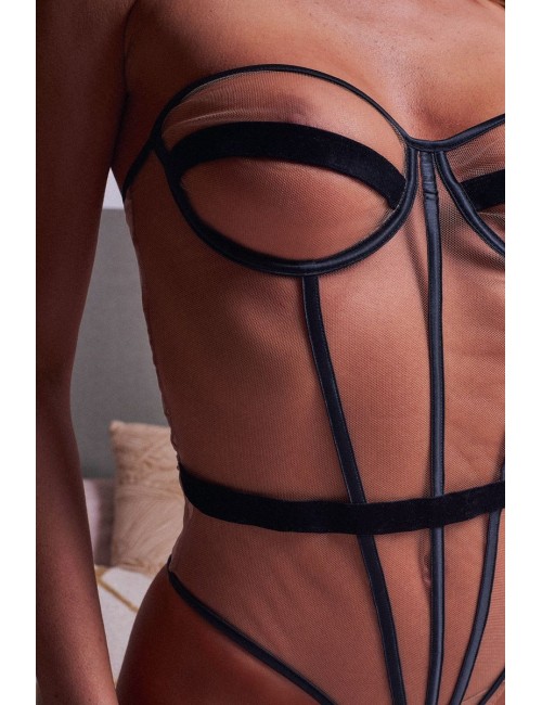 Second skin mesh and velvet black bodysuit Zaza Nude and Black