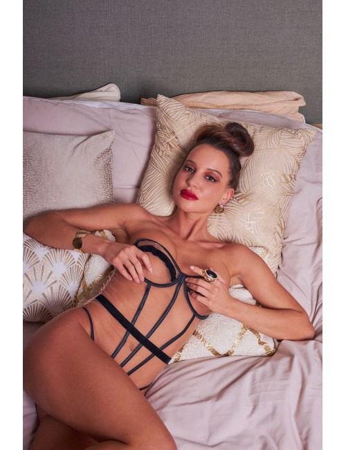 Second skin mesh and velvet black bodysuit Zaza Nude and Black